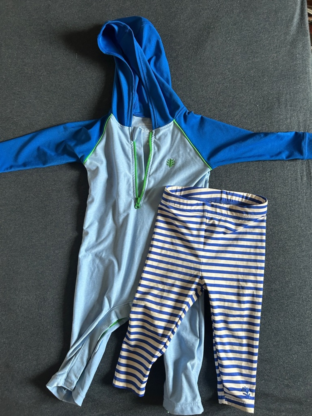Coolibar bundle for 6-12 months. Sun protection hooded swimsuit and swim tights.